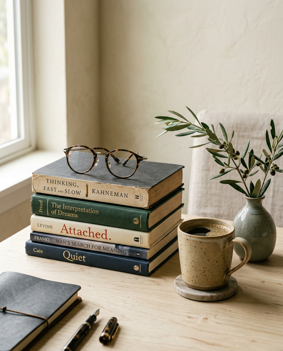 Warm consulting room desk with books, glasses and an olive branch