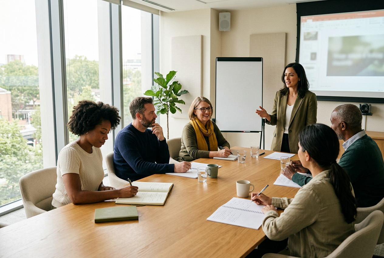 Professional development workshop with school staff around a conference table